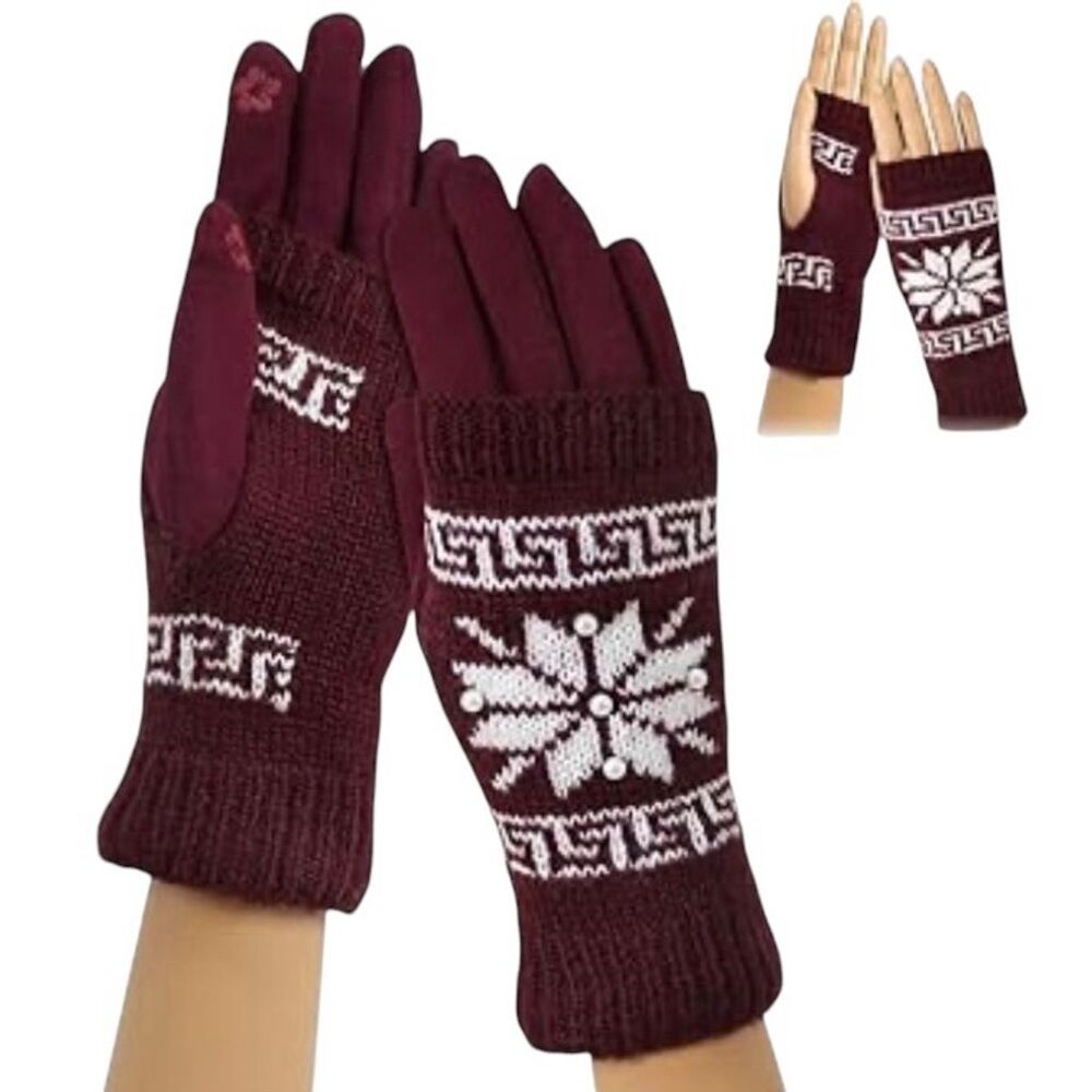 Women's Burgundy 2 in 1 Double Layer Fingerless Knit Gloves Snowflake Pearl